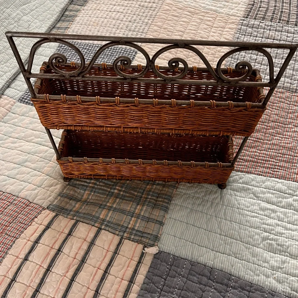 Two-Tier Wicker & Metal Basket Shelf – Farmhouse Organizer wrought iron
